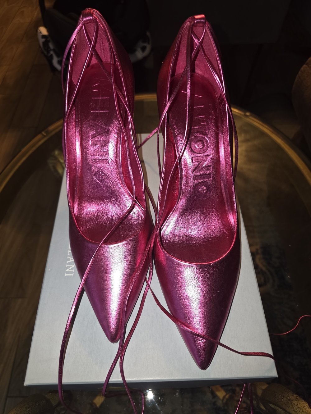 ANTONIO MELANI Metallic Hot Pink Pointed Lace-Up Pumps